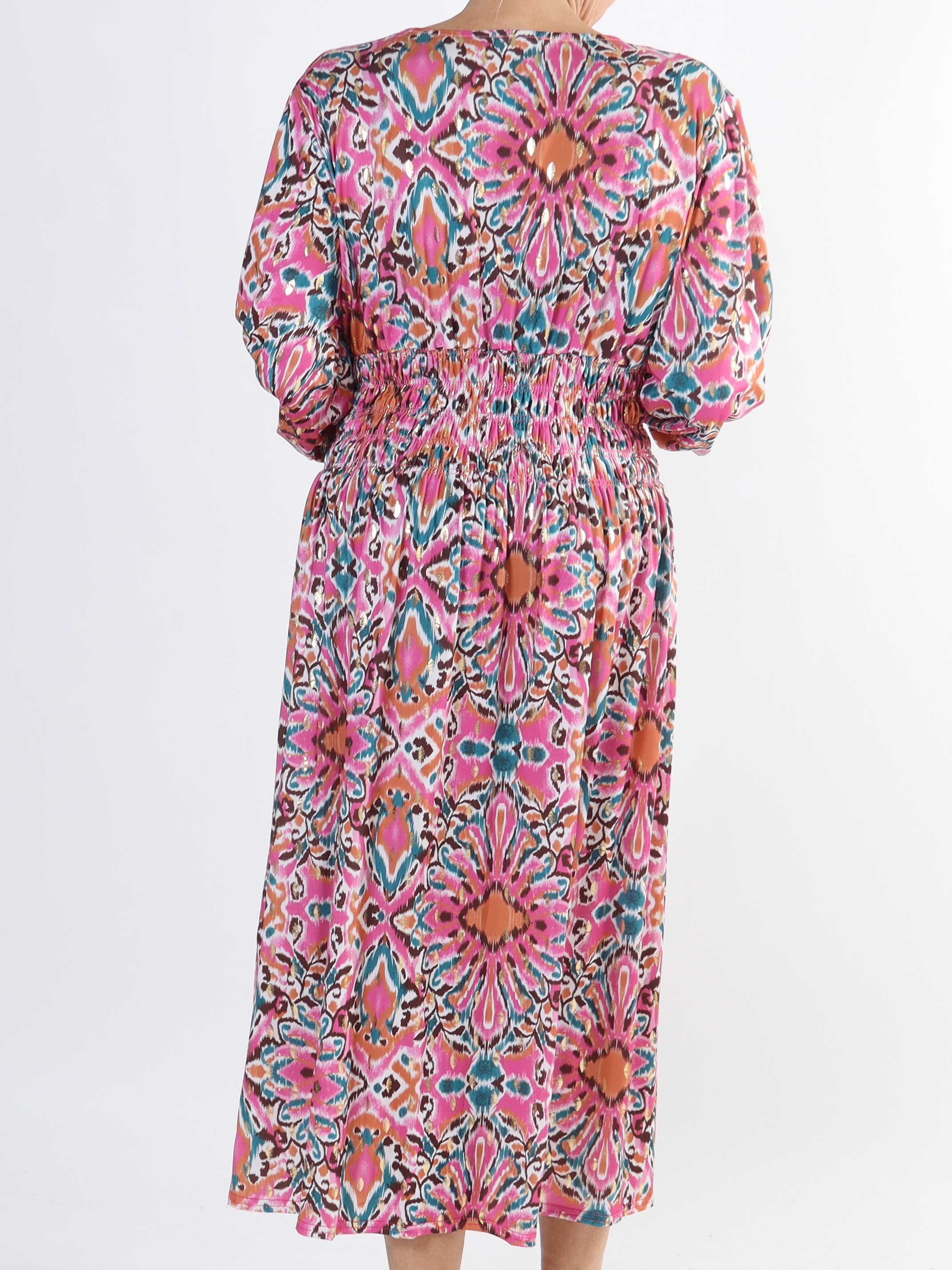 Pams Peacock Midi L/S - Elastisk mönstrad plus size-klänning i skrynkelfritt tyg